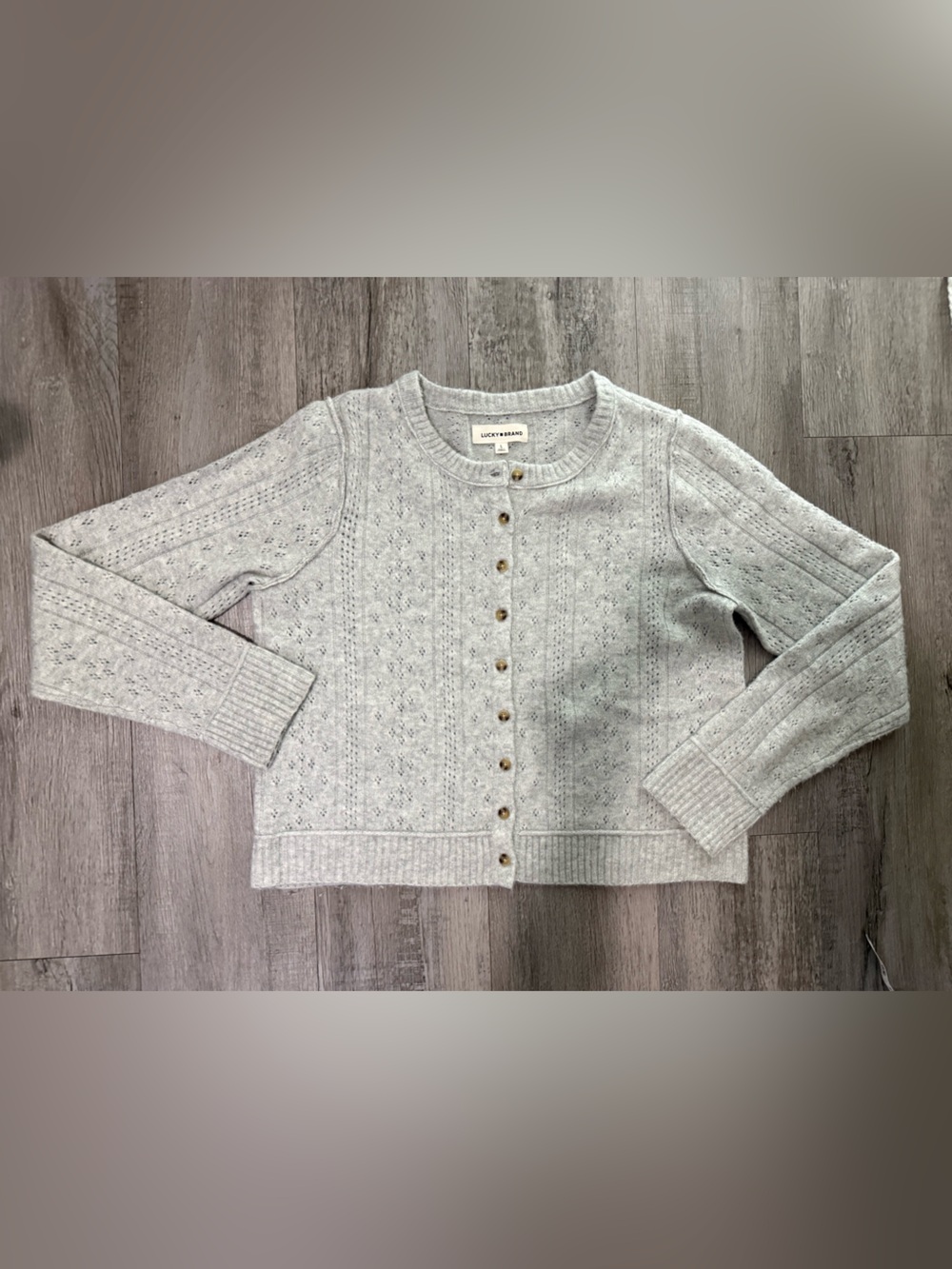 Lucky Brand Light Gray Pointelle Button-Front Cardigan